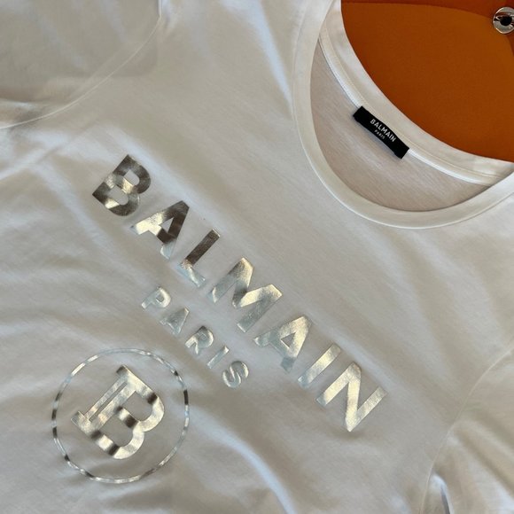 BALMAIN LOGO-PRINT COTTON MENS SHIRT. WHITE/CHROME SIZE M - Picture 5 of 6